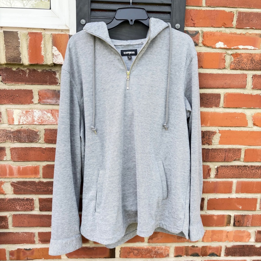 Express Mens Quarter Zip Hoodie Grey Textured Pullover Sweater Large